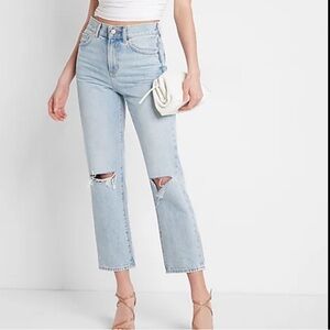 Express Light Blue High-Rise Cropped Distressed Jeans